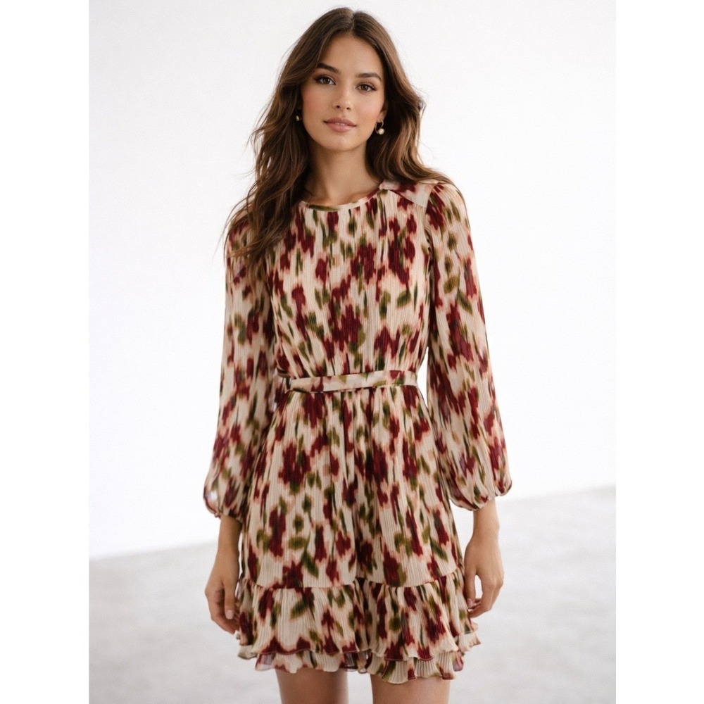 Les Serein Womens Abstract‎ Plisse Pleated Mini Dress Burgundy Green Medium NWT